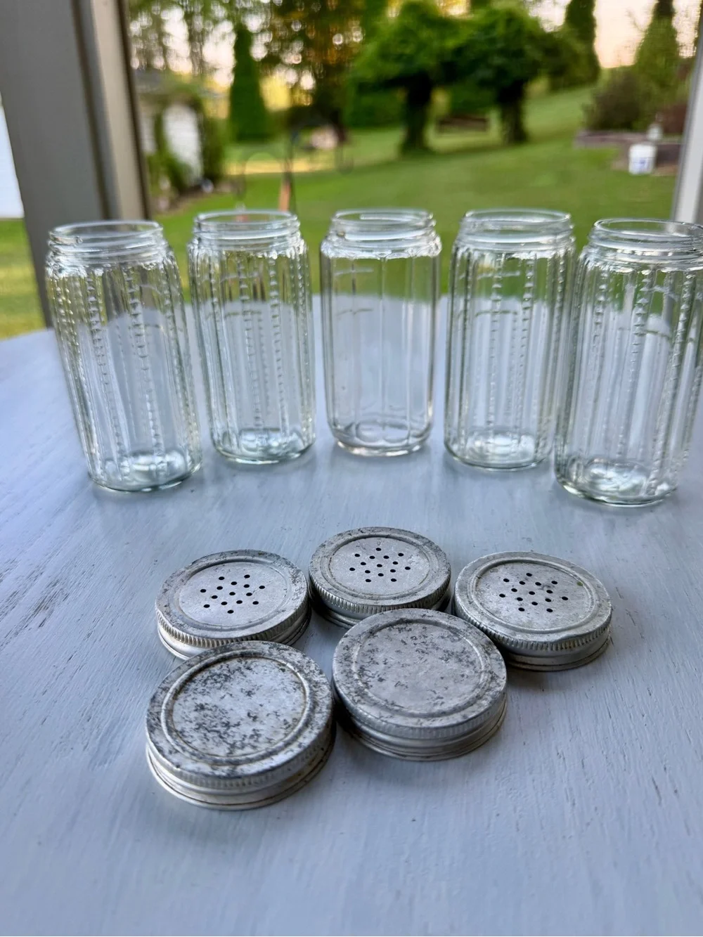 VINTAGE, SET/5, HOOSIER CABINET CLEAR GLASS SPICE JARS